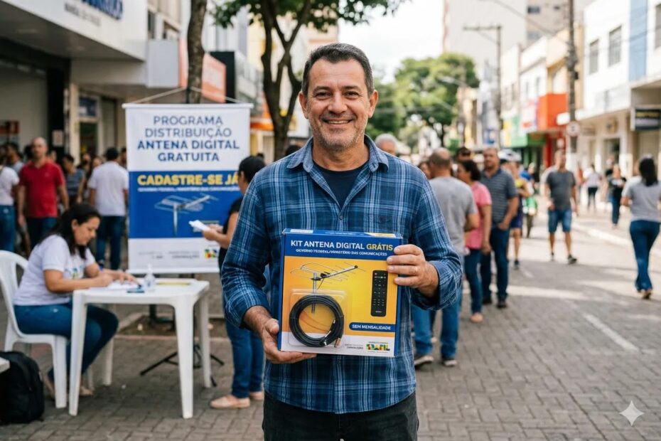 Homem sorridente de meia-idade segura uma caixa azul e amarela do kit de antena digital gratuita em uma rua movimentada. Ao fundo, um banner azul com o texto "Programa Distribuição Antena Digital Gratuita — Cadastre-se já" e pessoas em uma fila de atendimento em um calçadão urbano.